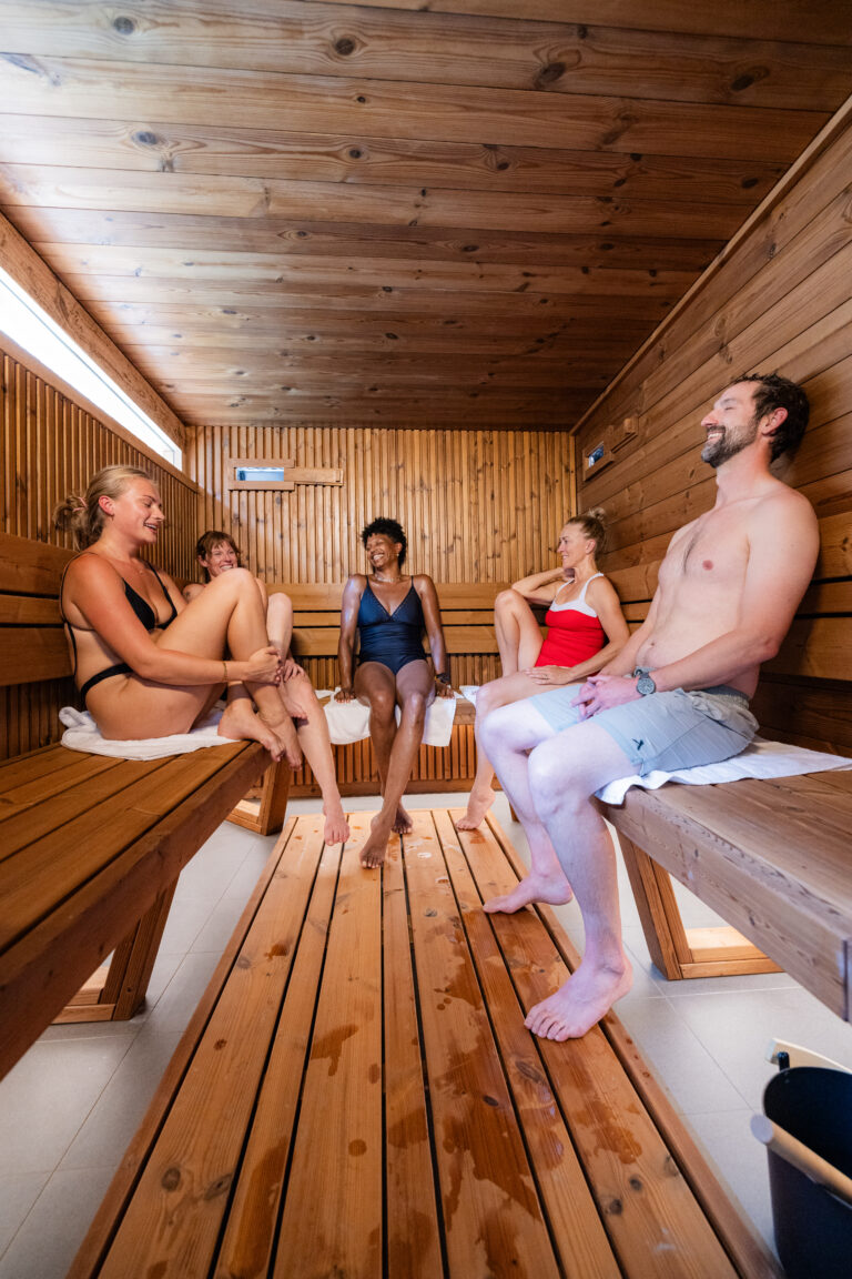Five adults in swimsuits sitting on wooden benches inside a sauna, smiling and talking together.